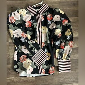 Floral Button-Up Shirt with Striped Cuffs